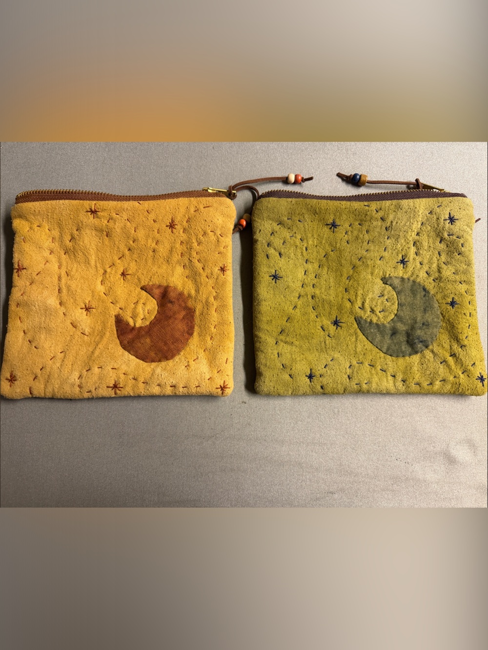 Hand- Dyed linen / Hand Quilted Moon & Star Pouch Set - Sage Green & Rust